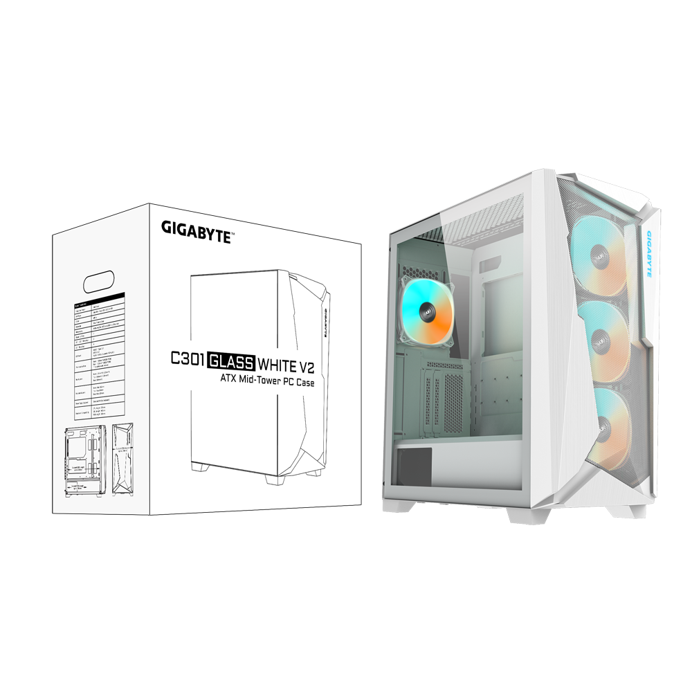 Gigabyte C301 GLASS V2 Mid Tower Chassis (GB-C301GW V2) | QdL Technologies Gigabyte C301 GLASS V2 Mid Tower Chassis White 01